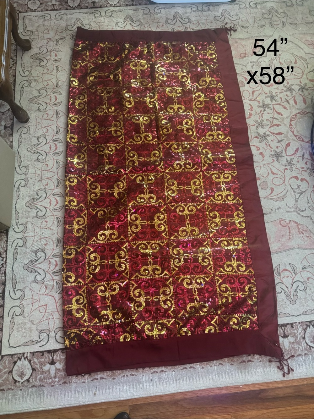 Vintage 1960’s Sequin Beaded Panel Fabric Table Cloth- Red & Gold Ornate Design